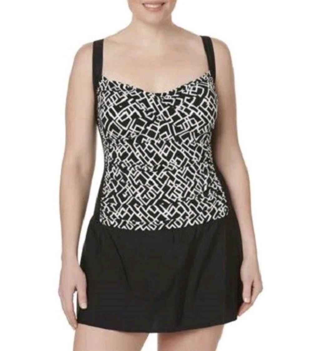 Tropical Escape Geometric Swim Dress Plus Size 20W Black One-Piece Swimsuit- New